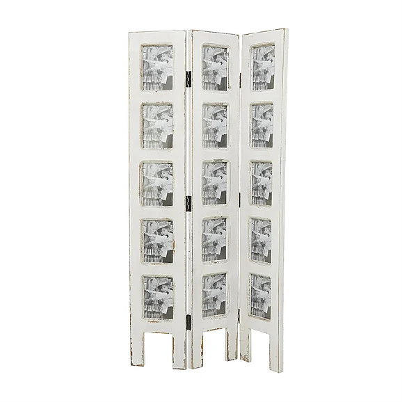 UMA White Wooden Hinged Foldable Partition 3 Panel Partition Room Divider Screen with 15 Photo Slots, 27 x 1 x 51 | 20424