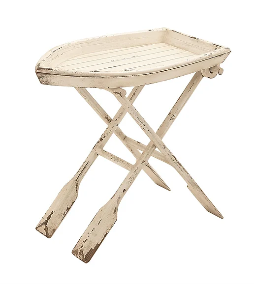 UMA White Wood Boat Shaped Tray Top Side End Accent Table with Oar Inspired Legs, 28" x 16" x 25" | 20439
