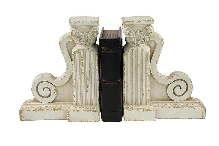 UMA 10â€ x 12â€ Large Distressed White Decorative Pillar Scroll Bookends | 20484 CLOSEOUT
