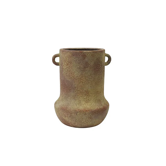 UMA Ceramic Antique Style Textured Decorative Vase with Yellow Shadings and Handles in Red 20504