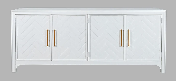 Jofran Gramercy Mid-Century Modern Chevron Four Door 79" Accent Cabinet in Blanc 2056-79