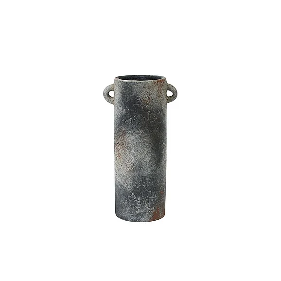 UMA Ceramic Antique Style Textured Decorative Vase with Brown Accents and Handles in Dark Gray 20575