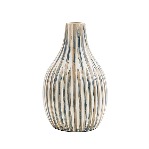 UMA Bamboo Wood Brushed Decorative Vase with Cream Accents and White Stripes in Blue 20585