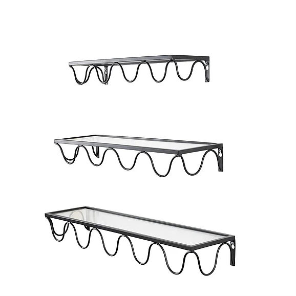 UMA Glass Room Wall Shelf with Metal Frame in Black (Set of 3) 20618