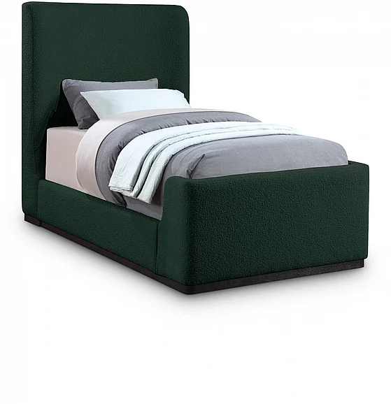 Meridian Oliver Boucle Fabric Twin Bed in Green Boucle Fabric OliverGreen-T
