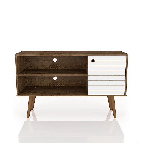Manhattan Comfort Liberty 42.52" Mid-Century Modern TV Stand with 2 Shelves and 1 Door in Rustic Brown and White 212BMC96