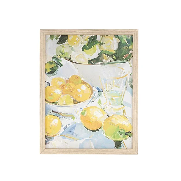 UMA Canvas Fruit Lemon Framed Wall Art with Light Brown Frame in Yellow 21351