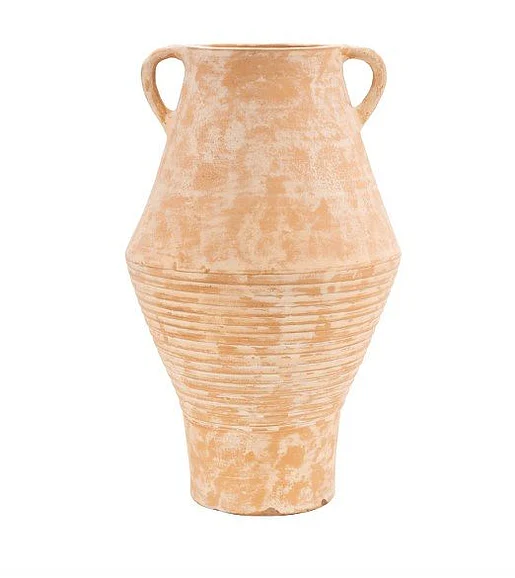 Uma Beige Ceramic Antique Style Ribbed Decorative Vase with Handles 21387