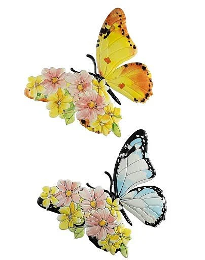 Uma Multi Colored Metal Butterfly Home Wall Decor with Pink and Yellow Flowers (Set of 2) 21408