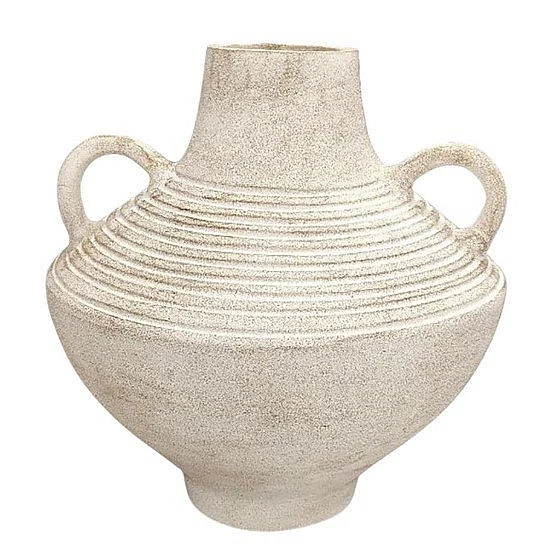 Uma Cream Ceramic Ribbed Decorative Vase with Handles and Elevated Base 21617