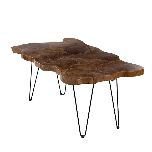 UMA Teak Wood Handmade Live Edge Coffee Table with Black Hairpin Legs in Brown 21645