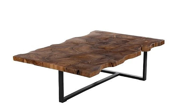 Uma Teak Wood Handmade Live Edge Living Room Coffee Table with Black Metal Base in Brown 21646