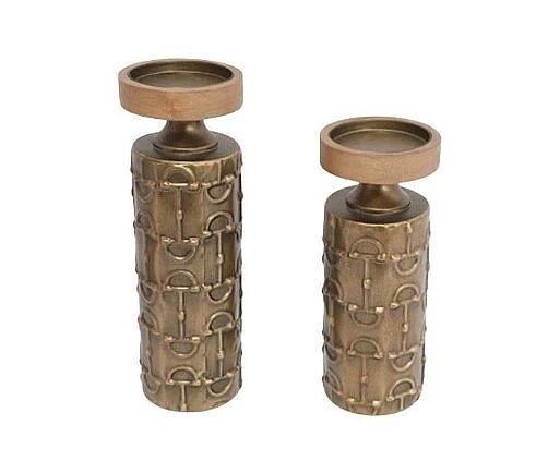 Uma Brass Metal Decorative Candle Holder with Embossed Umbrella Detailling and Brown Accents 21648