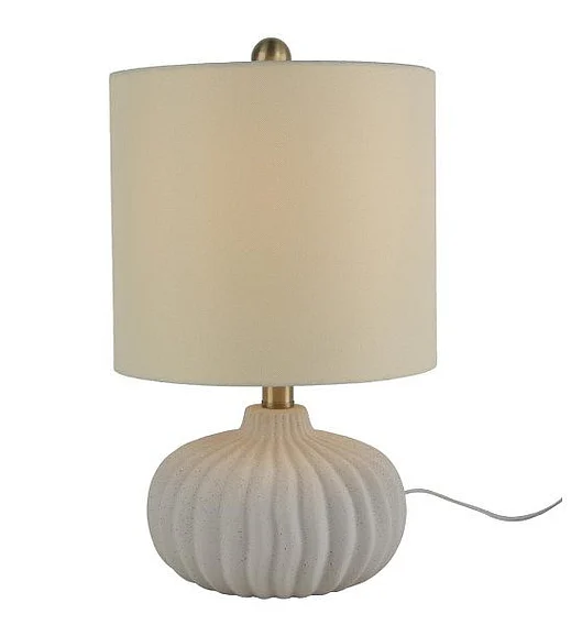 Uma White Ceramic Ribbed Room Table Lamp with Cream Linen Shade and Gold Stand 21681