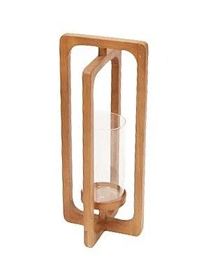 Uma Wood Handmade Decorative Candle Lantern with Round Center Holder in Brown 21700