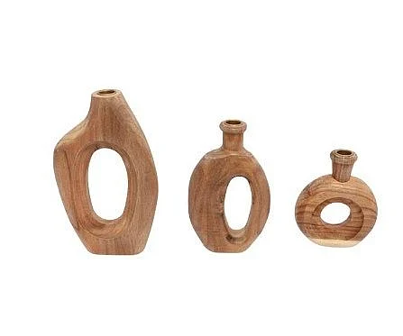 Uma Brown Wood Decorative Candle Holder with Circular Cutouts (Set of 3) 21701