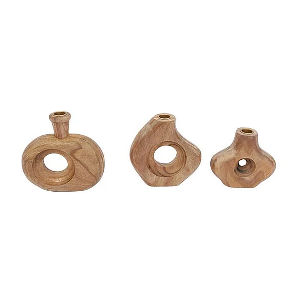 UMA Wood Handmade Decorative Candle Holder with Natural Wood Grains and Round Cutouts in Brown 21703