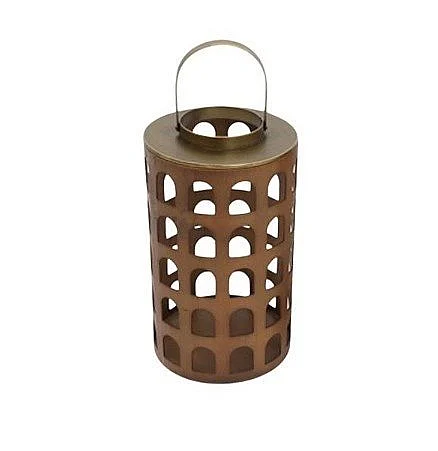 Uma Brass Wooden Indoor Outdoor Candle Lantern with Arch Cutouts and Handle 21705