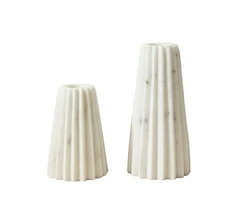 Uma White Marble Ribbed Decorative Candle Holder with Gray Marble Veins (Set of 2) 21731