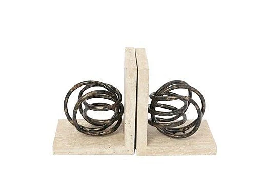 Uma Wooden Decorative Bookends with Black Metal Coiled Sculptures in Cream 21773