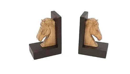 Uma Brown Wood Horse Decorative Bookends with Dark Brown Base 21774