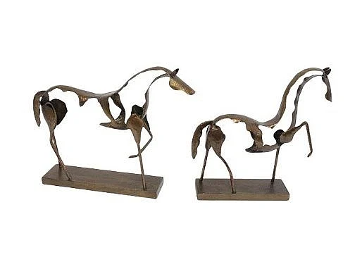 Uma Gold Metal Horse Decorative Sculpture with Brown Wooden Base 21777