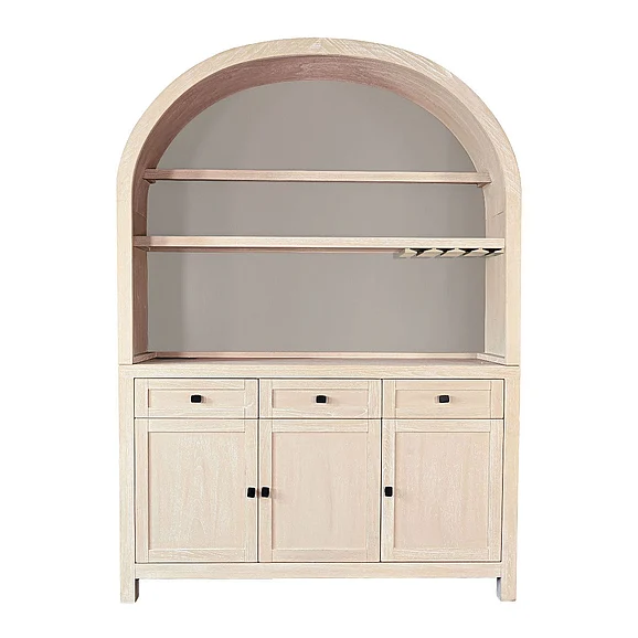 Sunny Designs Arched Wood Bar Hutch with Glass Storage in Bergen Oak 2177BO