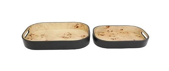 Uma Black Wooden Living Room Decor Tray with Light Brown Interior and Handles 21828