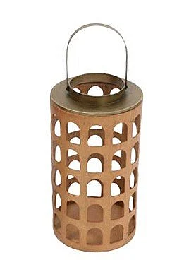 Uma Brown Wooden Indoor Outdoor Candle Lantern with Arch Cutouts and Brass Top 21852