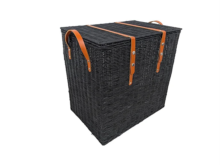 UMA Black Rattan Handmade Woven Decorative and Functional Storage Basket with Brown Leather Handles 21888