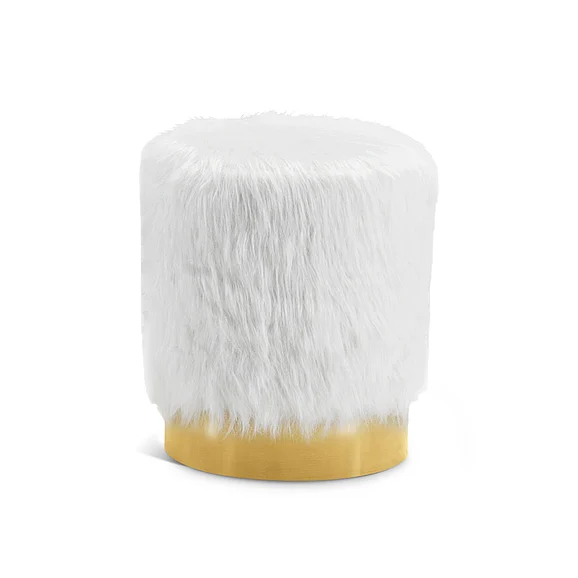 Meridian Joy Faux Fur Ottoman | Stool in White Faux Fur 129White