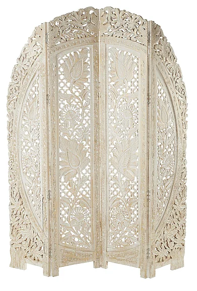 UMA White Wood Floral Handmade Foldable Arched Partition 4 Panel Partition Room Divider Screen with Intricately Carved Designs, 60" x 2" x 72" | 22356