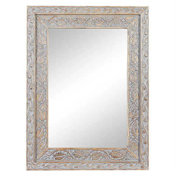 UMA Gray Wood Floral Handmade Intricately Carved Room Wall Mirror, 36 x 3 x 48 | 22369