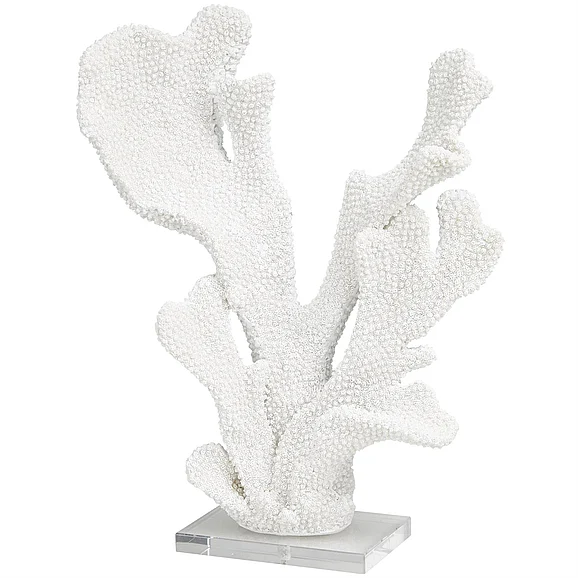 UMA White Polystone Coral Tall Textured Decorative Sculpture with Clear Acrylic Base, 12" x 5" x 16" | 22491