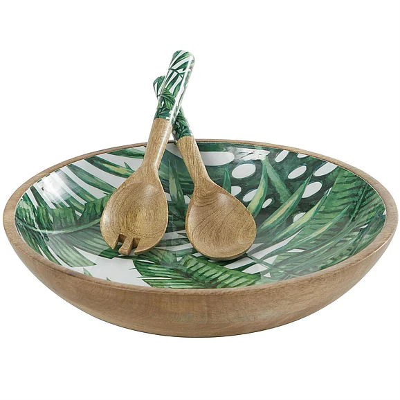 UMA Green Mango Wood Handmade Decorative Bowl with Matching Salad Serving Utensils, Set of 3 15, 11, 11W | 22591
