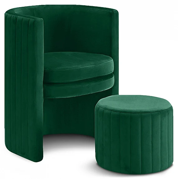 Meridian Selena Velvet Accent Chair and Ottoman Set in Green Velvet 555Green