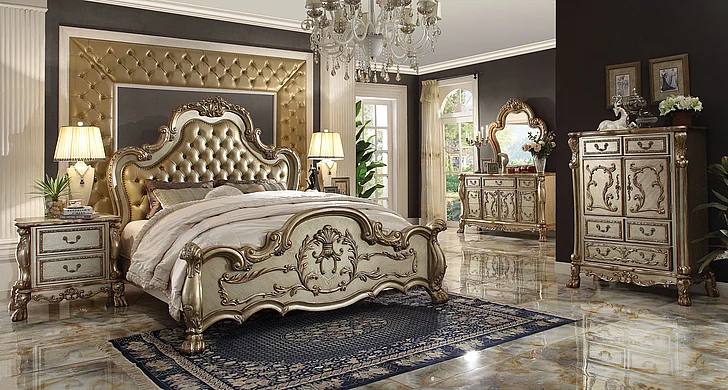 Acme Dresden Upholstered Bedroom Set in Gold Patina & Bone
