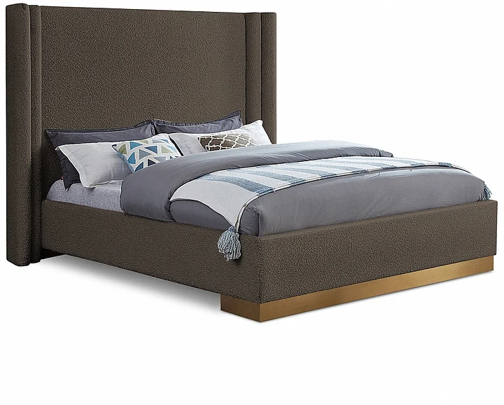 Meridian Halton Boucle Fabric Queen Bed in Brown Boucle Fabric HaltonBrown-Q