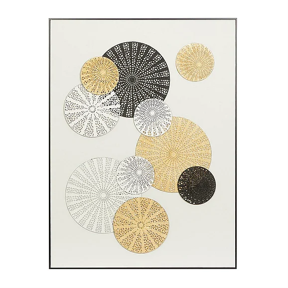 UMA Gold Cotton Fabric Geometric Handmade Overlapping Radial Circle Wall Decor with Cut Out Designs and Black Frame, 30" x 1" x 40" | 23434 CLOSEOUT