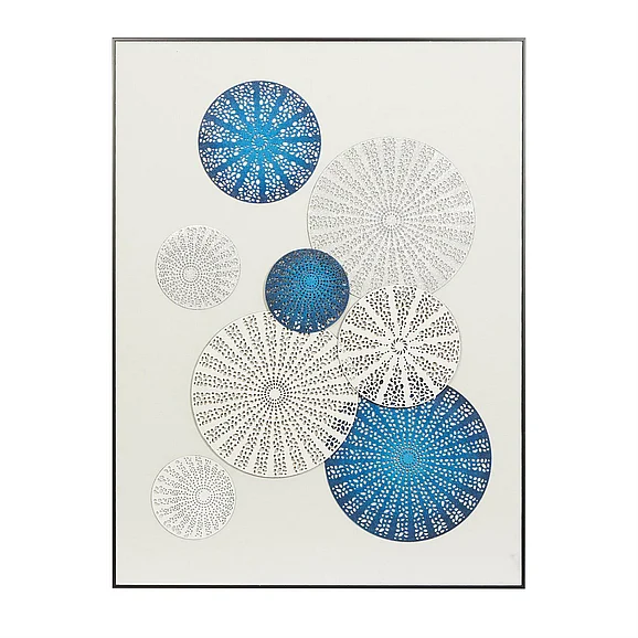 UMA Blue Cotton Fabric Geometric Handmade Overlapping Radial Circle Wall Decor with Cut Out Designs and Black Frame, 30" x 1" x 40" | 23435 CLOSEOUT