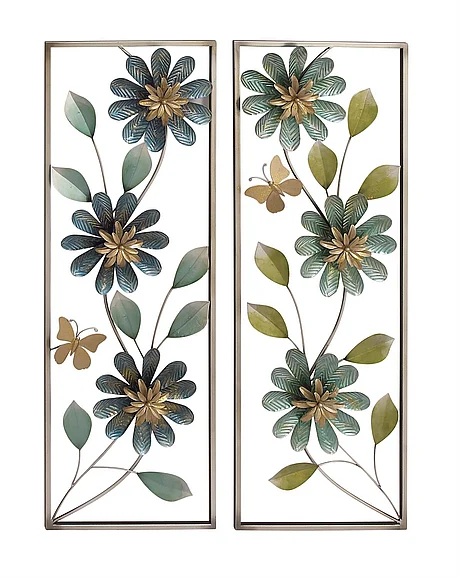 UMA Green Metal Floral Home Wall Decor with Silver Frame, 2 Assorted 12"W, 35"H | 23482