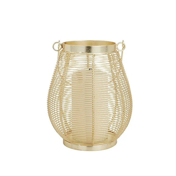 UMA Gold Metal Decorative Indoor Outdoor Candle Lantern with Thin Metal Handle, 7" x 7" x 9" | 23529 CLOSEOUT
