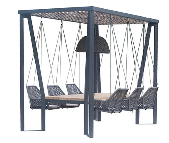Skyline Design Horizon 10 Feet Pergola with LED Lamp and Teak Table Top in Dark Gray with Teak 23559-DGST