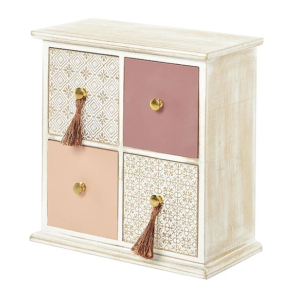 UMA Brown Wooden Floral 4 Drawers Jewelry Box with Tassel Knobs, 9" x 4" x 9" | 23620 CLOSEOUT