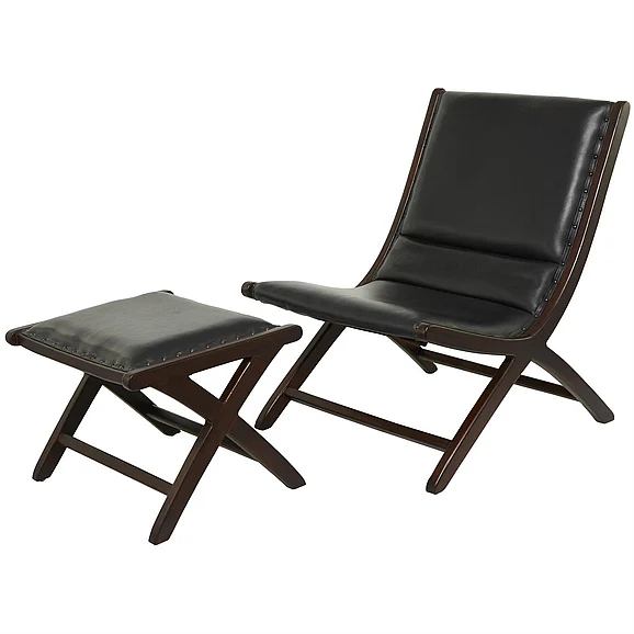 UMA Black Teak Wood Handmade Upholstered Leather Accent Chair with Ottoman, 25" x 29" x 33" | 23680 CLOSEOUT