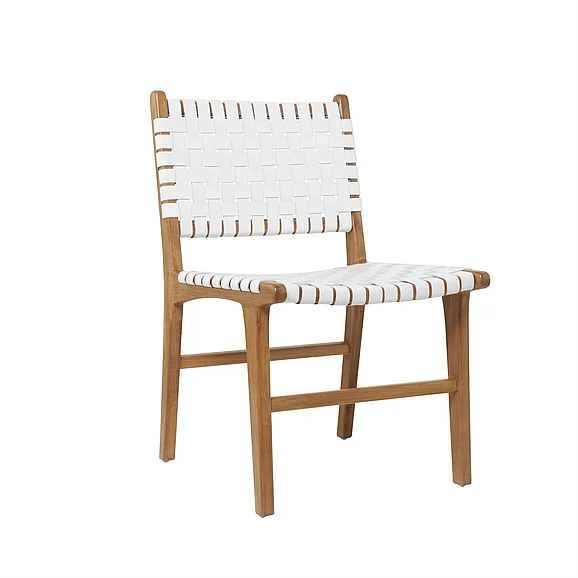 UMA White Leather Handmade Woven Dining Chair with Teak Wood Frame, | 23683