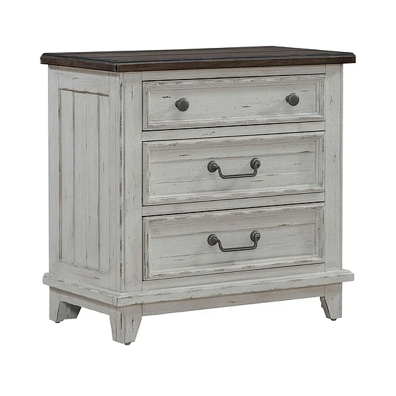 Liberty Furniture River Place 3 Drawer Nightstand with Charging Station in Riverstone White and Tobacco 237-BR61