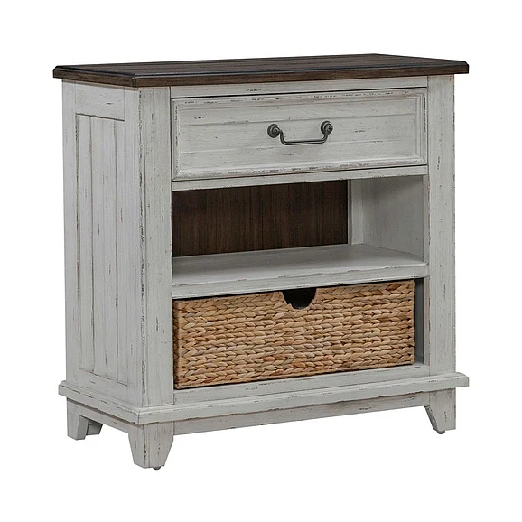 Liberty Furniture River Place Bedside Chest with Charging Station in Riverstone White and Tobacco 237-BR62