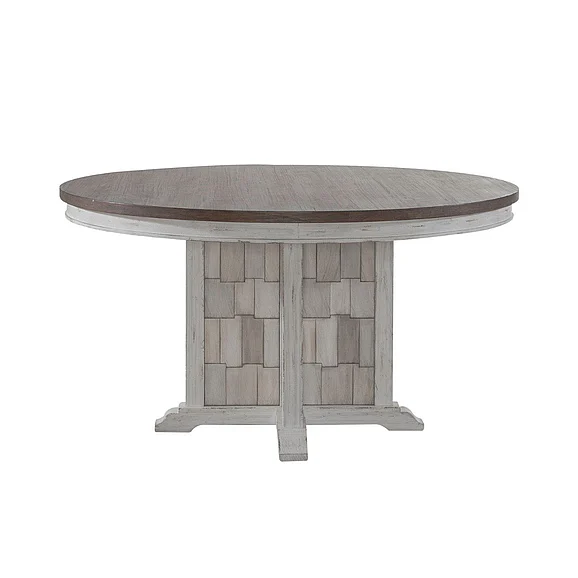 Liberty Furniture River Place Round Pedestal Table in Riverstone White & Tobacco