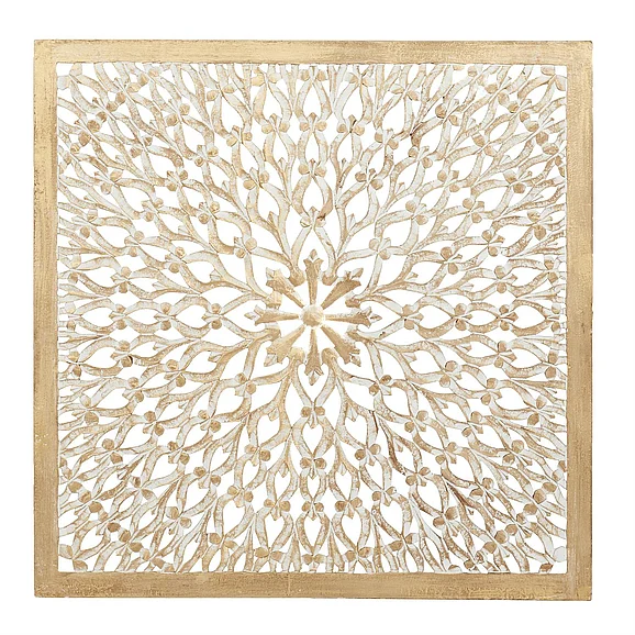 UMA Light Brown Wood Floral Handmade Intricately Carved Home Wall Decor with Mandala Design, 36" x 1" x 36" | 23774